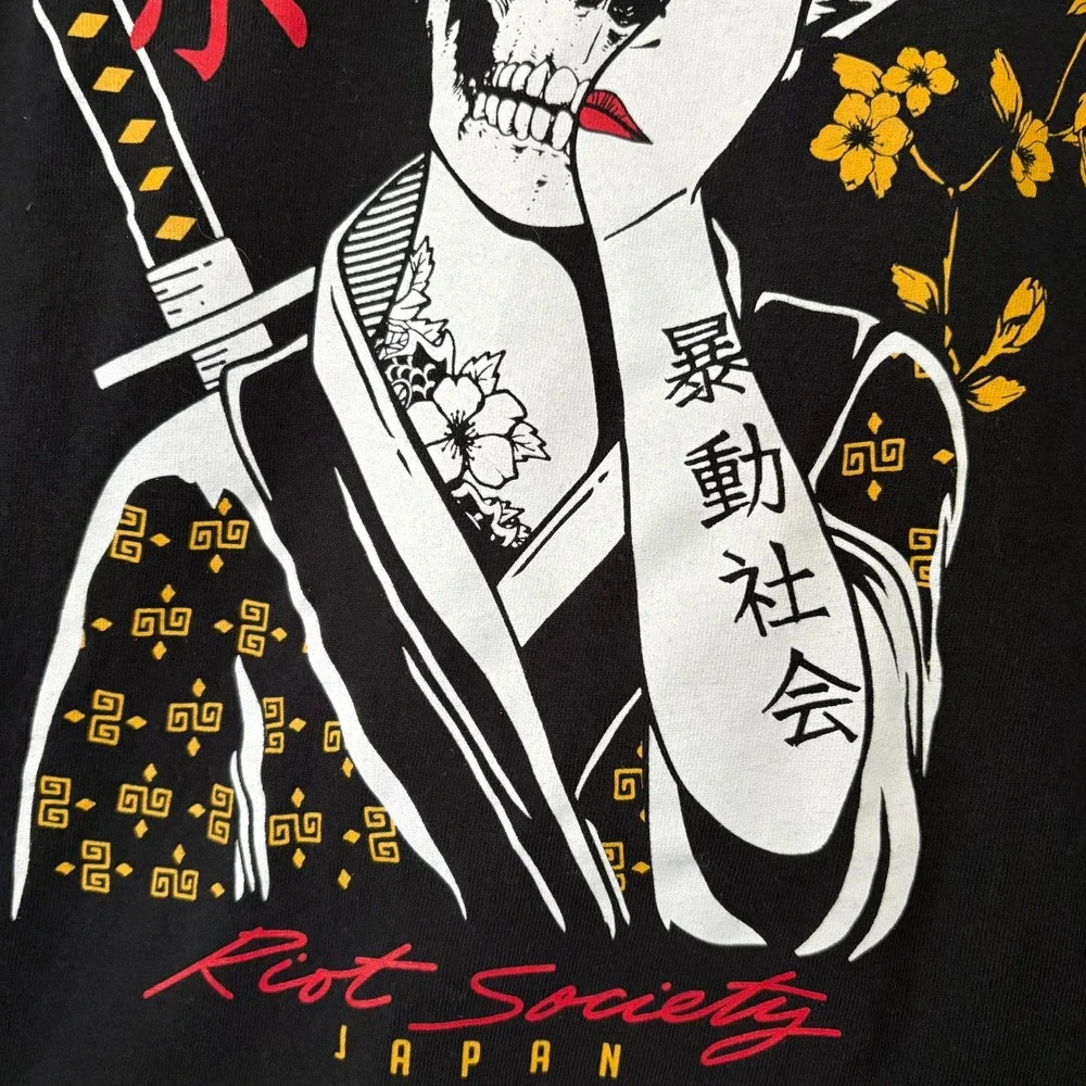 Riot Society Japan Skull Geisha Streetwear Long Sleeve T Shirt Black Mens Size M